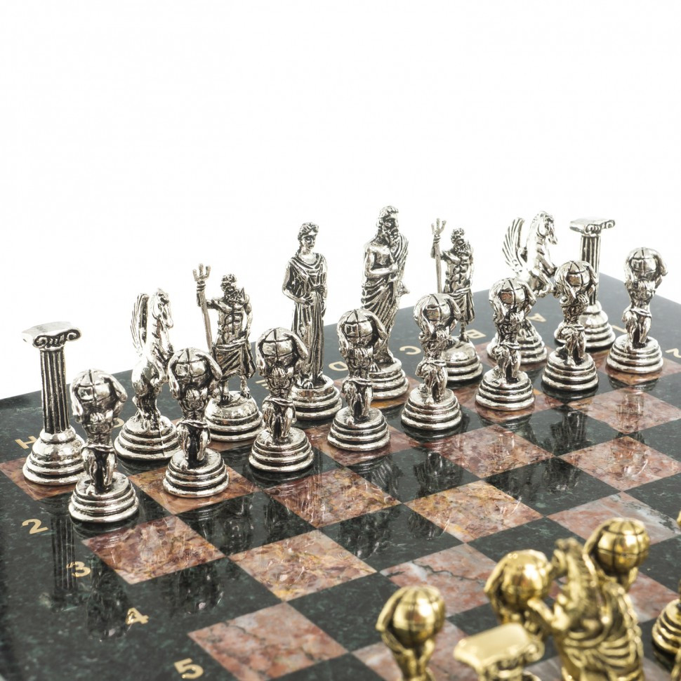 Сувенирные шахматы "Атлас" доска 28х28 см из камня креноид змеевик фигуры металлические - фото 3 - id-p95458791