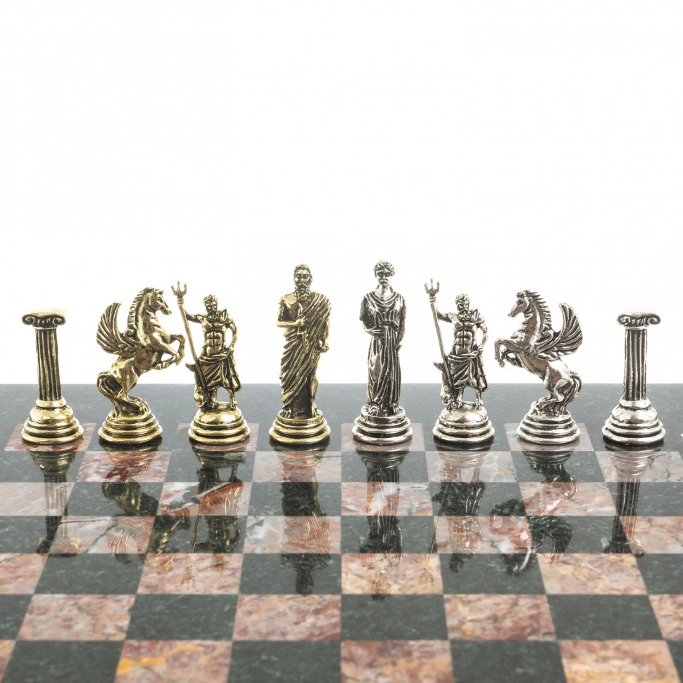 Сувенирные шахматы "Атлас" доска 28х28 см из камня креноид змеевик фигуры металлические - фото 5 - id-p95458791