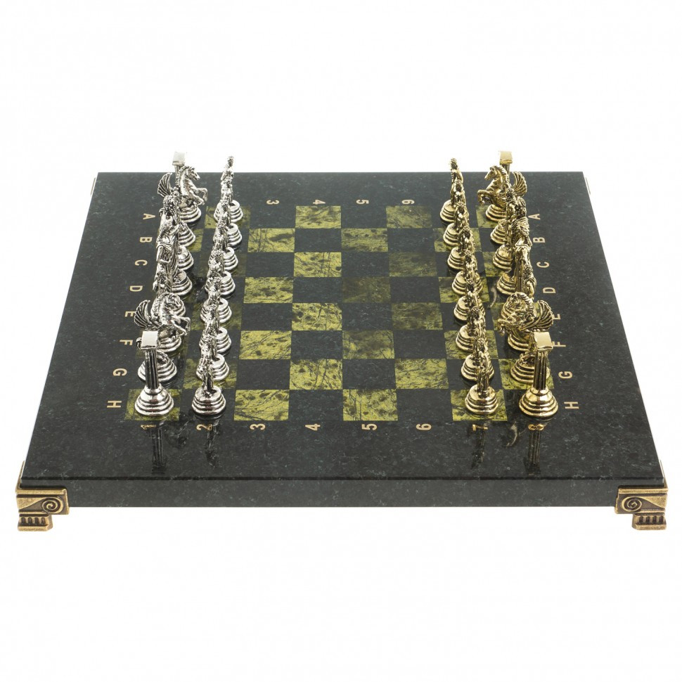 Сувенирные шахматы "Подвиги Геракла" доска 28х28 см из камня змеевик фигуры металлические - фото 2 - id-p95458794