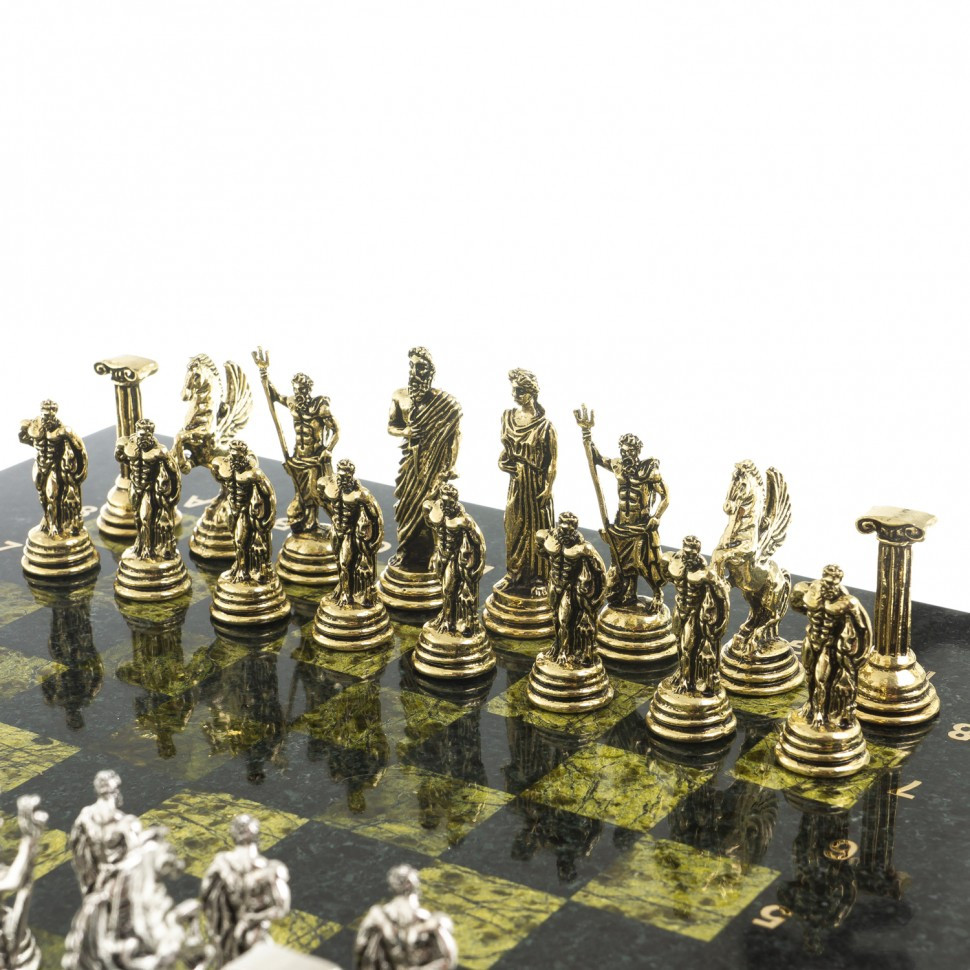Сувенирные шахматы "Подвиги Геракла" доска 28х28 см из камня змеевик фигуры металлические - фото 4 - id-p95458794