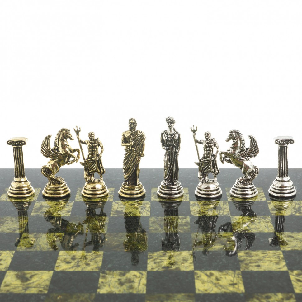 Сувенирные шахматы "Подвиги Геракла" доска 28х28 см из камня змеевик фигуры металлические - фото 5 - id-p95458794