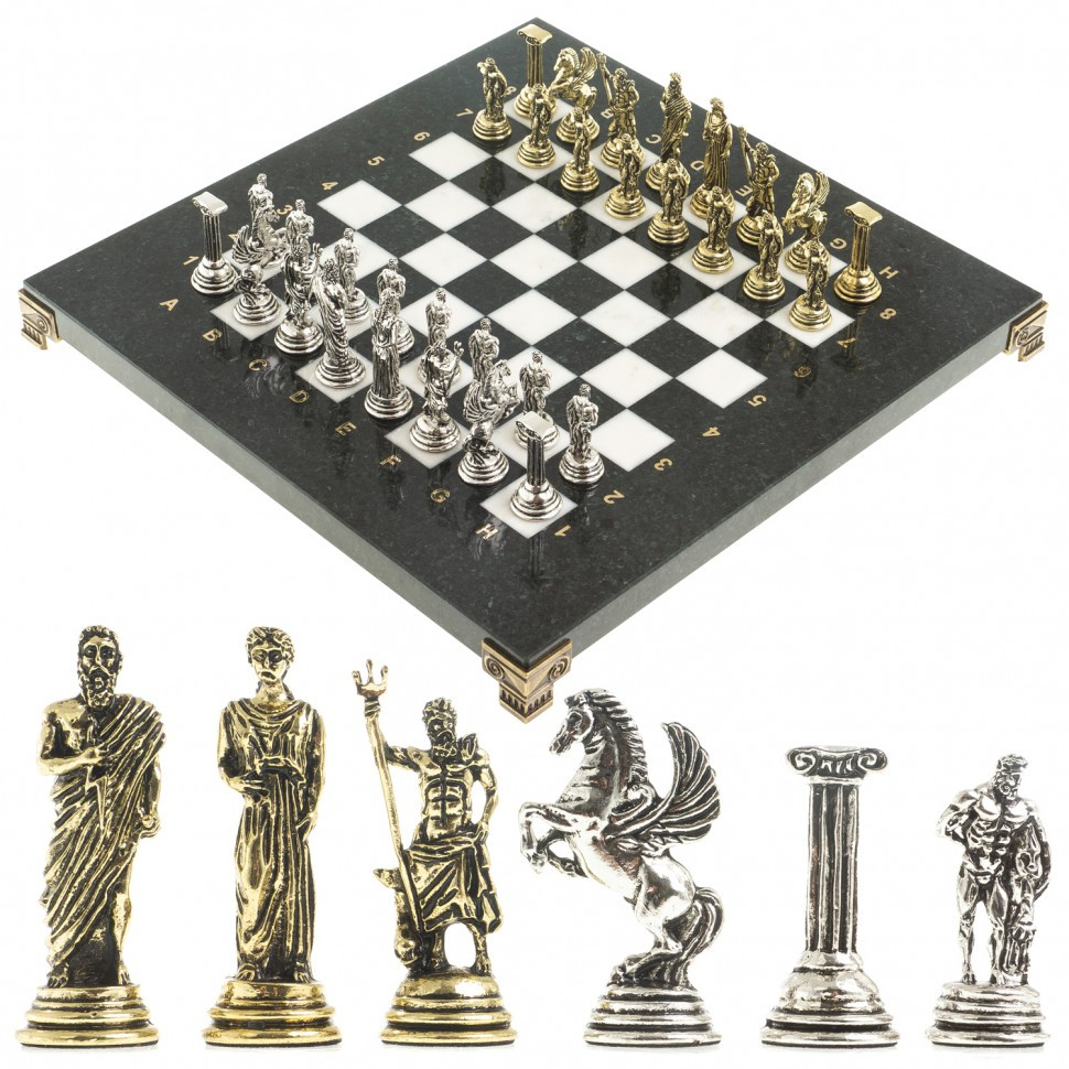 Настольная игра шахматы "Подвиги Геракла" доска 28х28 см из камня мрамор фигуры металлические - фото 1 - id-p95458796
