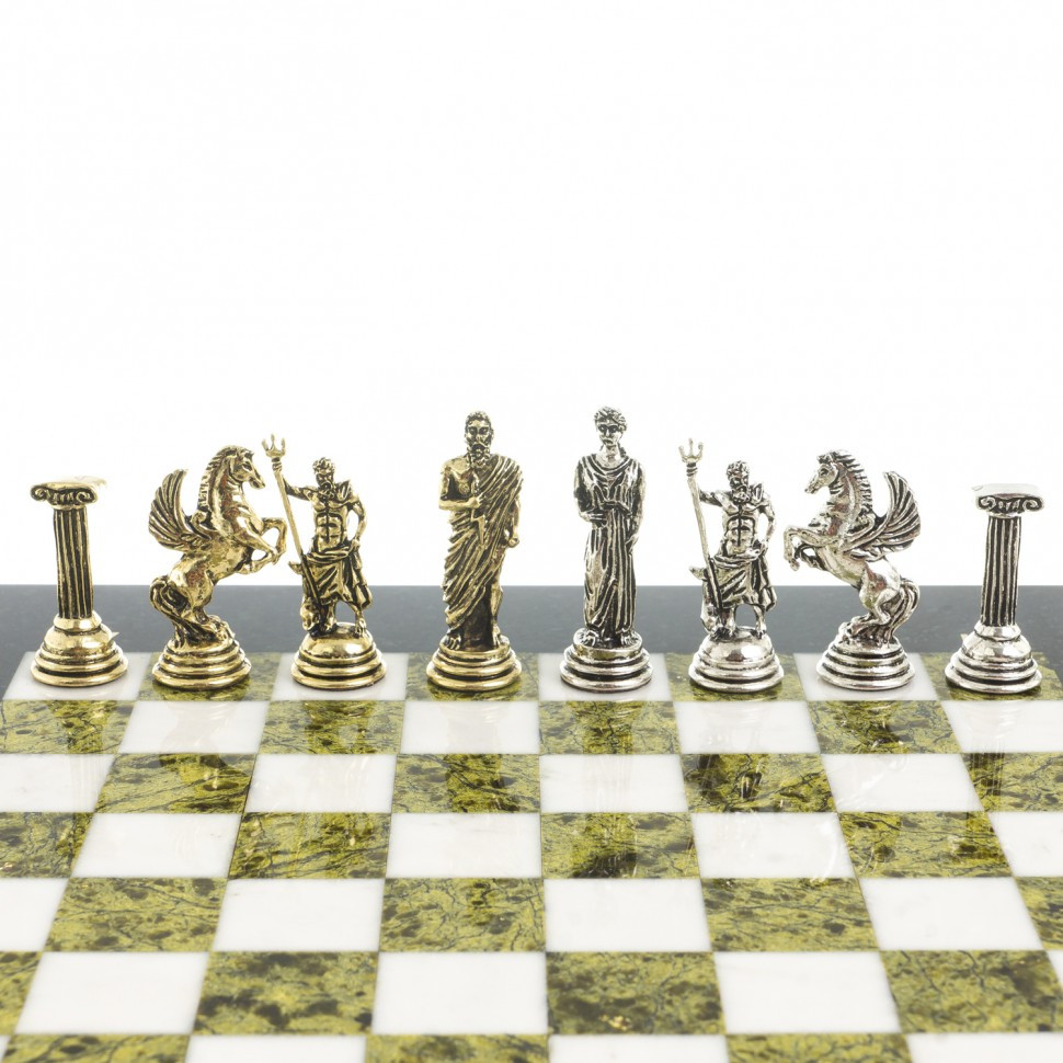 Шахматы декоративные "Подвиги Геракла" доска 28х28 см из камня мрамор змеевик фигуры металлические - фото 5 - id-p95458798