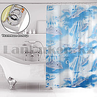Водонепроницаемая тканевая шторка для ванной и душа 170х180 см с дельфинами голубая