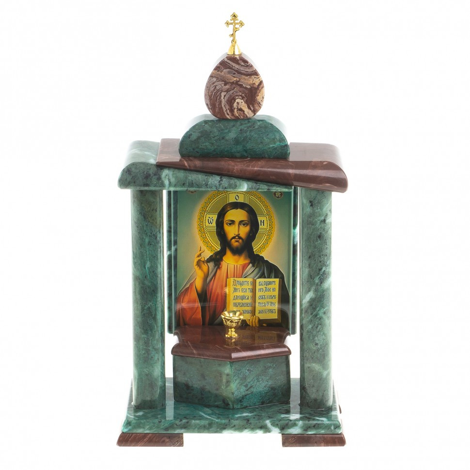 Домашний православный алтарь со шкатулкой и церковным подсвечником икона "Спаситель" камень змеевик и лемезит - фото 1 - id-p95524905