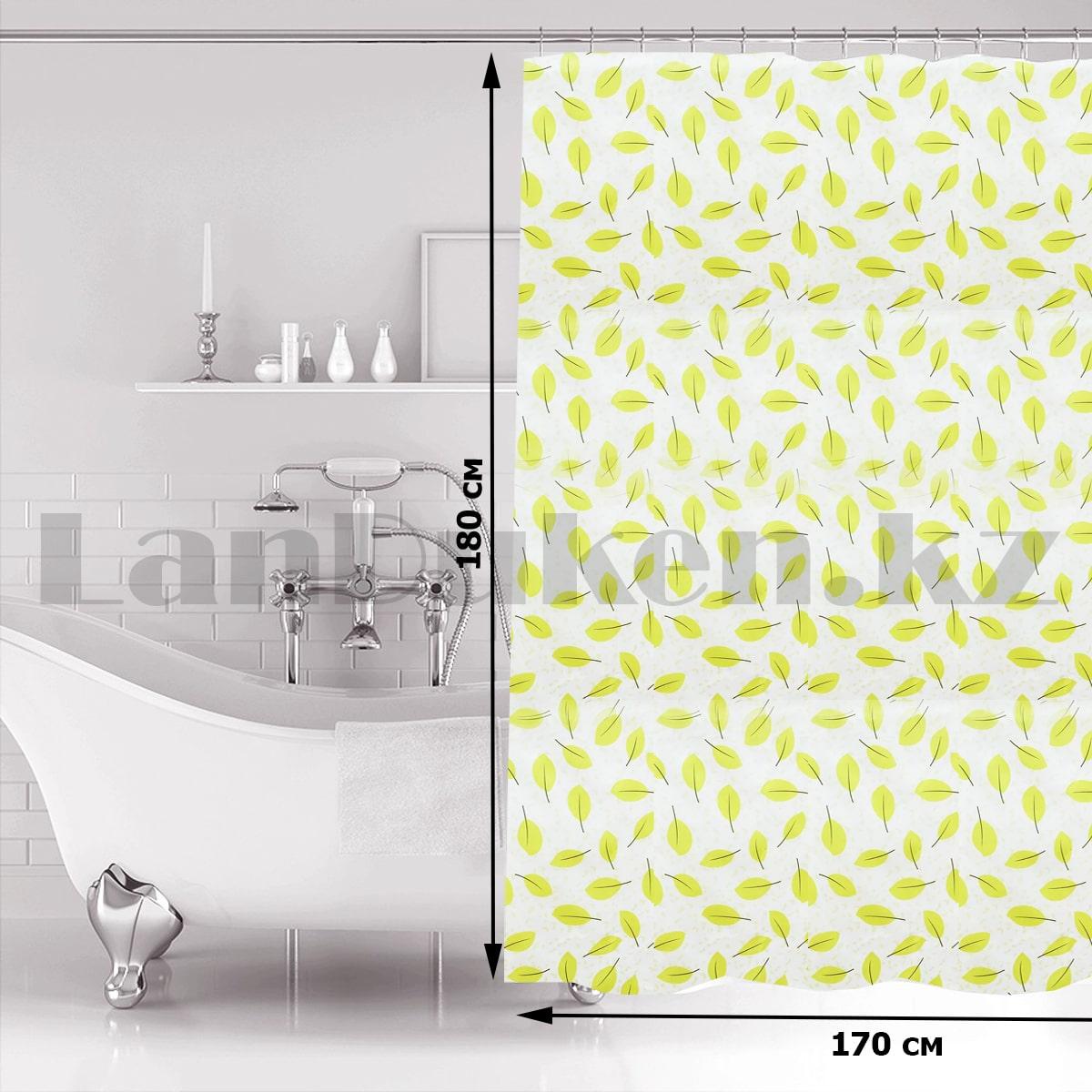 Водонепроницаемая тканевая шторка для ванной и душа 170х180 см с листьями светло-зеленая - фото 2 - id-p95524965