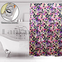 Водонепроницаемая тканевая шторка для ванной и душа 170х180 см в цветочек фиолетовая, фото 1