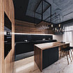 Черная кухня с верхними тумбами из шпона ореха в стиле лофт, фото 7