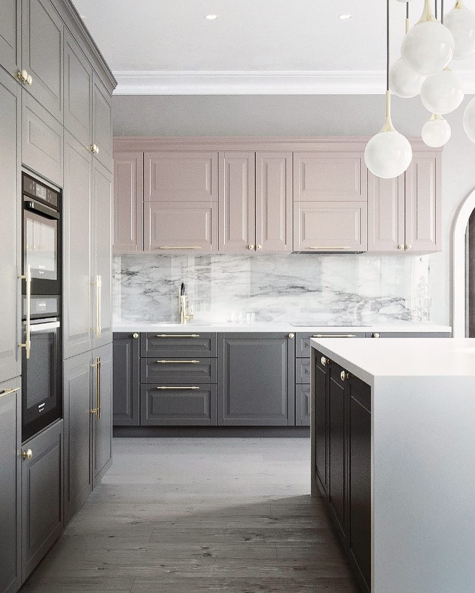 Современная классика кухня. цвет фасадов серый и светло розовый