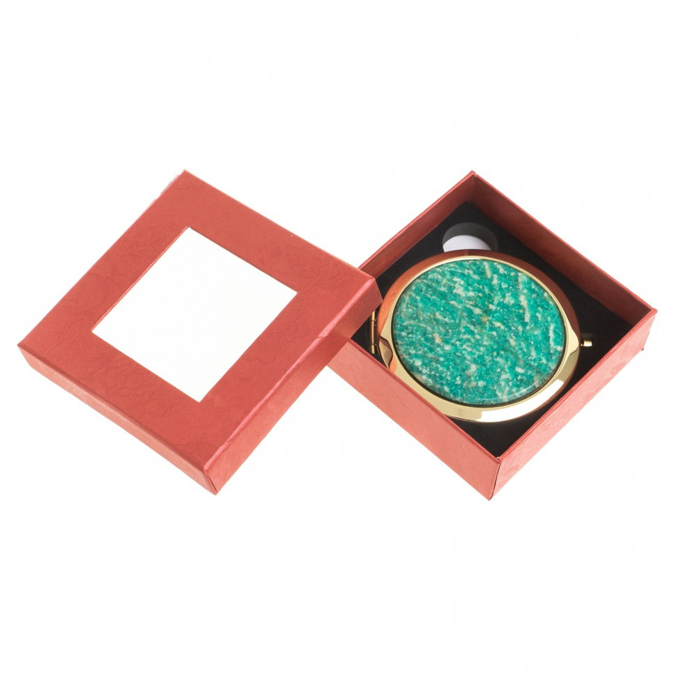 Карманное зеркальце круглое из камня амазонит цвет золото в подарочной упаковке - фото 3 - id-p95545677