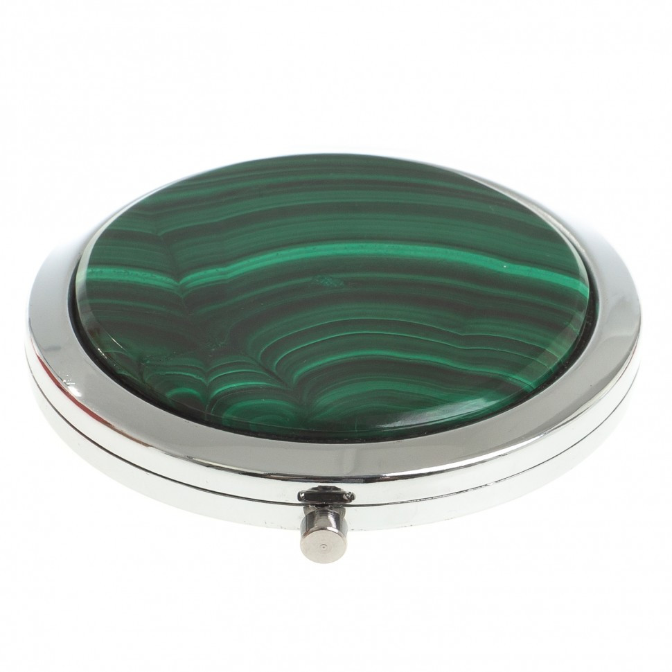 Карманное зеркальце круглое из камня малахит цвет серебро в подарочной упаковке - фото 1 - id-p95545684