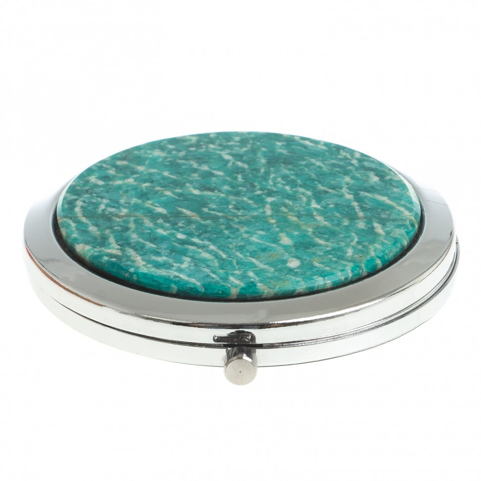 Карманное зеркальце круглое из камня амазонит цвет серебро в подарочной упаковке - фото 1 - id-p95545693