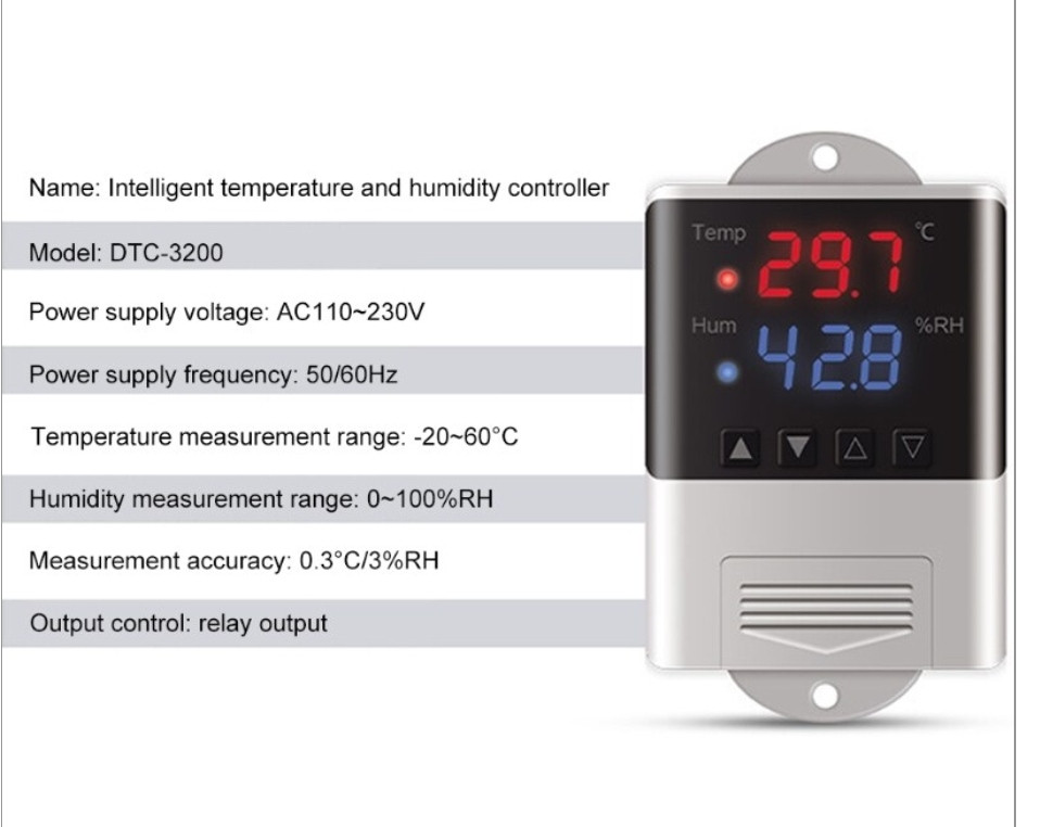 Регулятор температуры и влажности DTC3200 с датчиком, -40°C +120°C, влажность 0-100%RH, 110 ~ 230V - фото 5 - id-p95573245