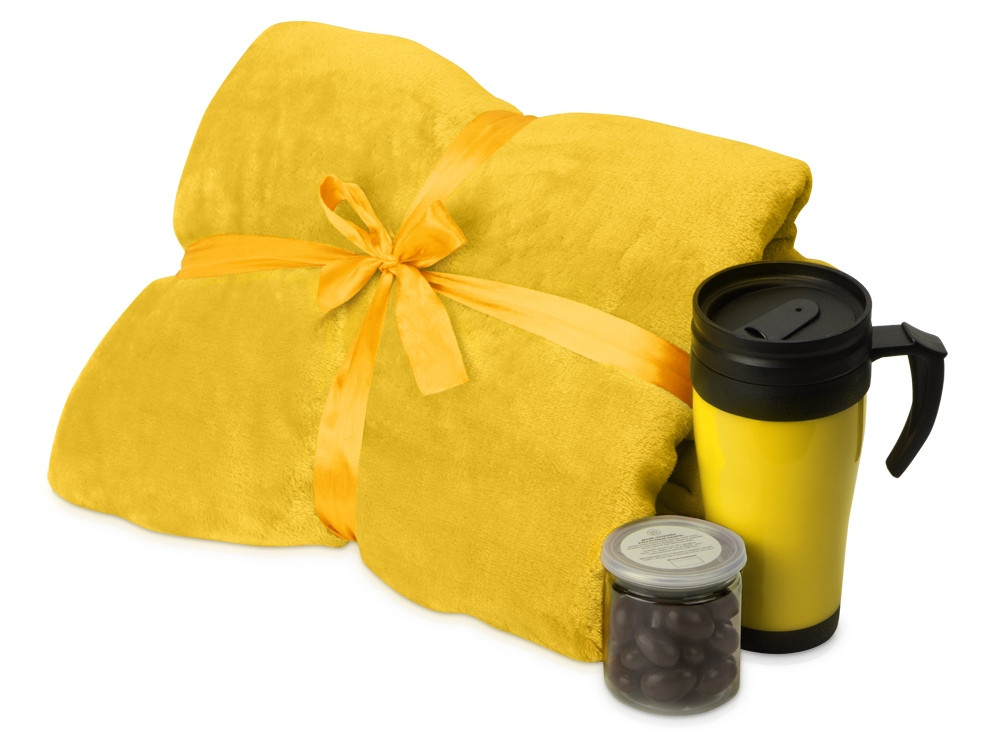 Подарочный набор с пледом, термокружкой и миндалем в шоколадной глазури Tasty hygge, желтый - фото 1 - id-p95608029