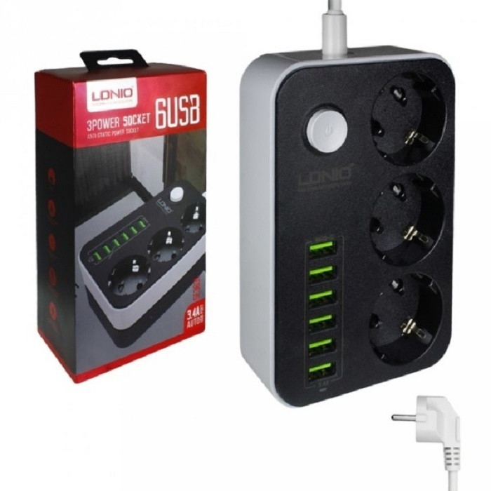 Cетевой фильтр Ldnio Power Socket 3 розетки 6 USB - фото 1 - id-p95803999