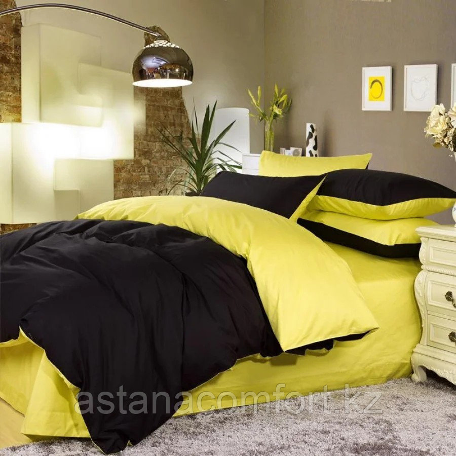 Комплект постельного белья 1,5-спальный, двухцветный, сатин, лимонно - черный. - фото 1 - id-p95804706