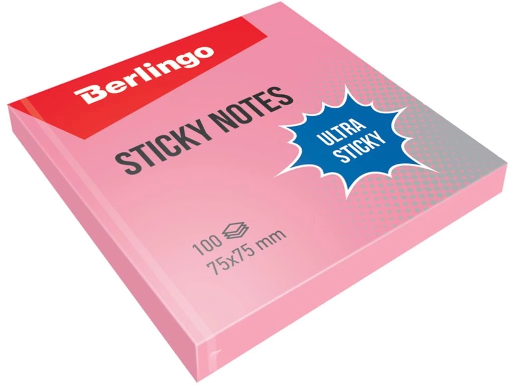Клейкие листки BERLINGO "Ultra Sticky" 75х75 мм, розовый пастель, 100 листов
