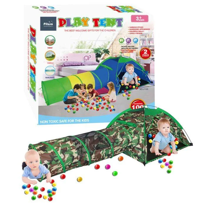 Детский игровой дом PITUSO 100 шаров Милитари+туннель,270*120*72см