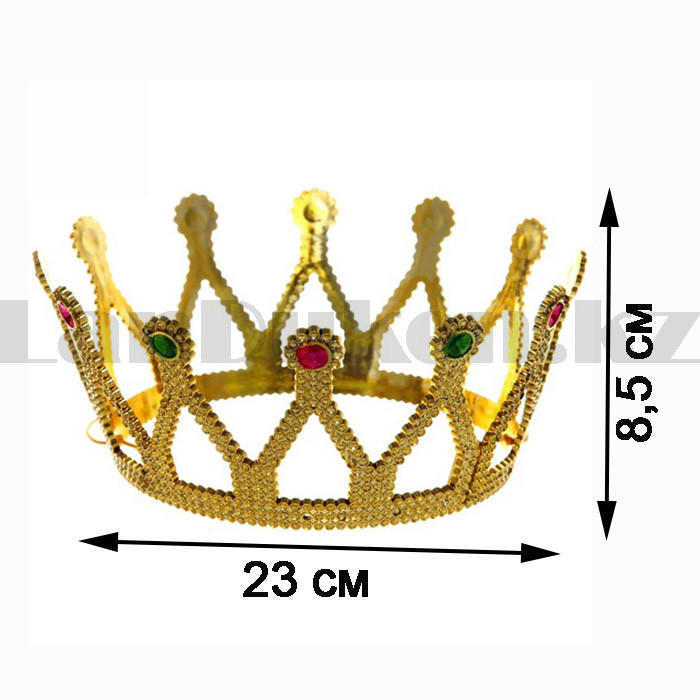 Детская корона золотистая с разноцветными камнями (14 см диаметр) - фото 2 - id-p95830141