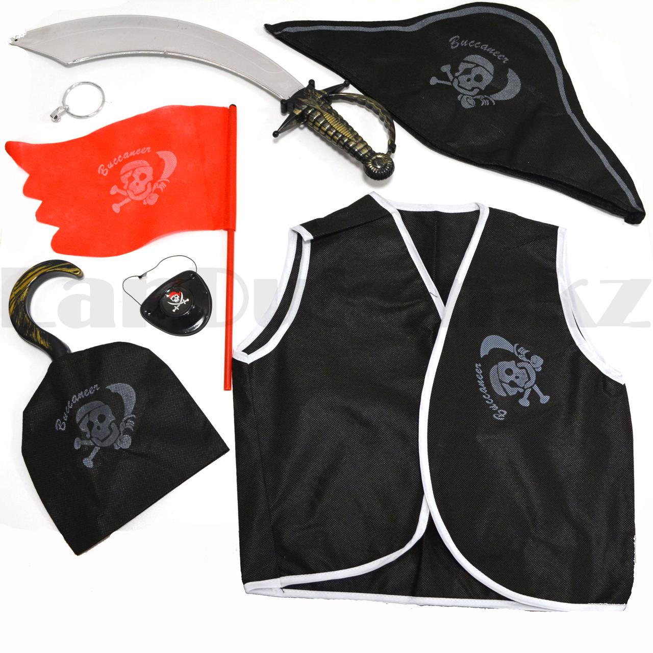 Пиратский набор для карнавала треуголка, жилет, крюк, повязка на глаз, сережка, сабля и флаг - фото 1 - id-p46765940