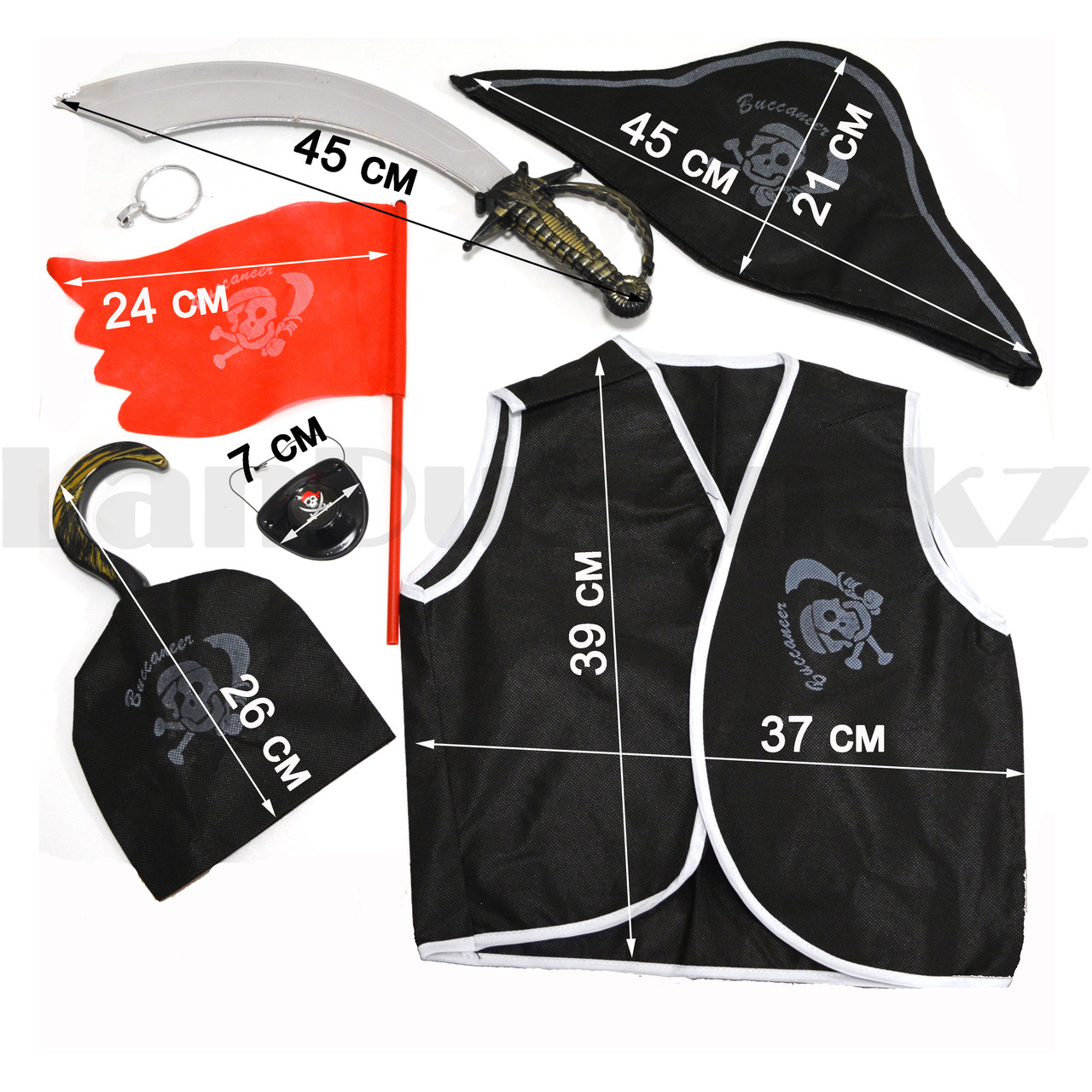 Пиратский набор для карнавала треуголка, жилет, крюк, повязка на глаз, сережка, сабля и флаг - фото 2 - id-p46765940