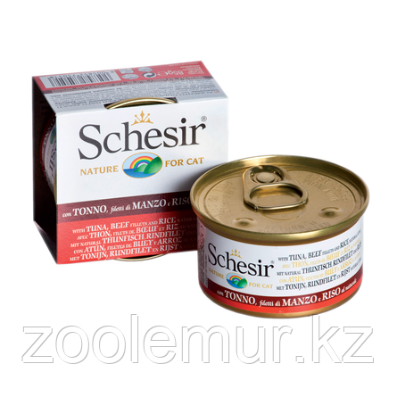 Schesir консервы для кошек кусочки филе в собственном соку (тунец, говядина и рис) 85 гр.