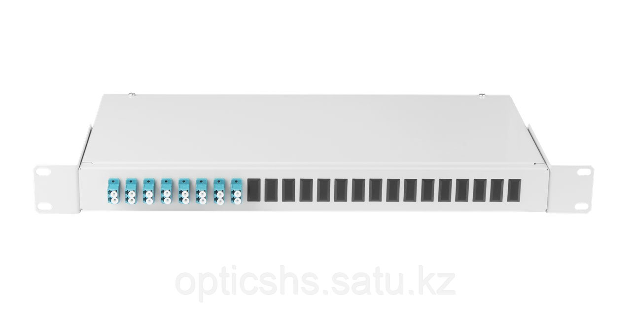 Оптический кросс 19", 1U, укомплектованный на 16 портов LC/UPC (8 двойных LC/UPC адаптеров) - фото 1 - id-p95898686