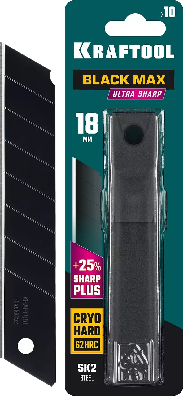 KRAFTOOL BLACK MAX 18 мм лезвия сегментированные, 8 сегментов, 10 шт - фото 1 - id-p95898779
