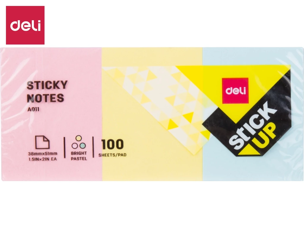 Клейкие листки DELI 51 х 38 мм 3 блока х 100 л ассорти, 100 листов