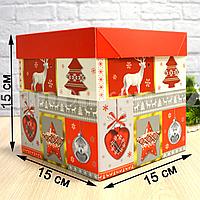 Подарочная коробка M(15х15х15) квадратная в новогодней тематике с блестками с красными шнурками, фото 1