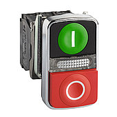Двойная кнопка с подсветкой, металл, Ø22, зеленый I + сигнальная лампа + красный O, 1 НО + 1 НЗ