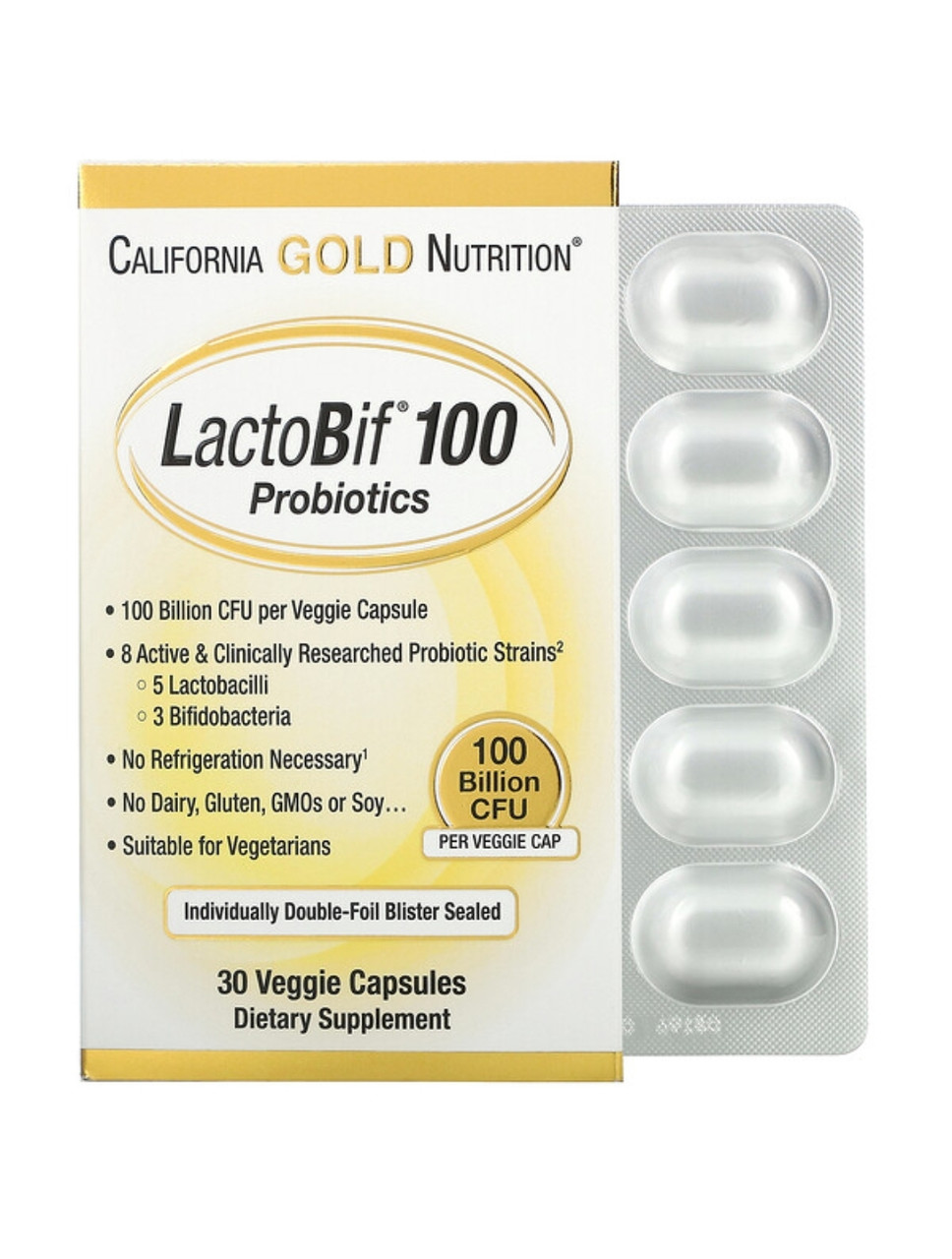 CALIFORNIA GOLD NUTRITION LactoBif, пробиотики, 100 млрд КОЕ, 30 растительных капсул - фото 1 - id-p95975193