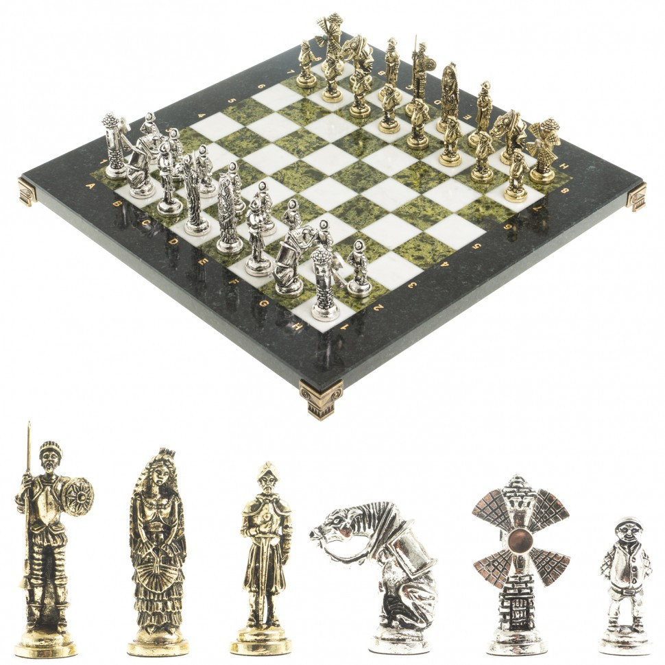 Шахматный набор подарочный "Дон Кихот" доска 36х36 см камень мрамор змеевик фигуры металлические - фото 1 - id-p95985305