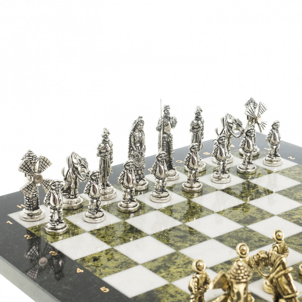 Шахматный набор подарочный "Дон Кихот" доска 36х36 см камень мрамор змеевик фигуры металлические - фото 3 - id-p95985305
