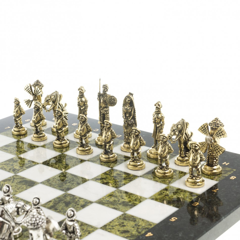 Шахматный набор подарочный "Дон Кихот" доска 36х36 см камень мрамор змеевик фигуры металлические - фото 4 - id-p95985305