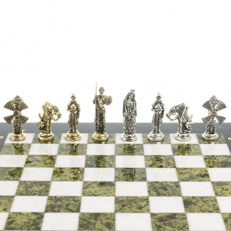 Шахматный набор подарочный "Дон Кихот" доска 36х36 см камень мрамор змеевик фигуры металлические - фото 5 - id-p95985305