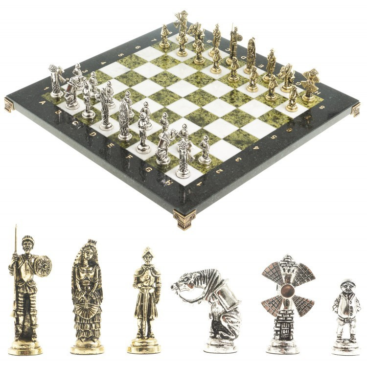 Шахматный набор подарочный "Дон Кихот" доска 36х36 см камень мрамор змеевик фигуры металлические - фото 8 - id-p95985305
