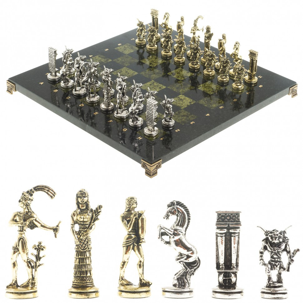 Набор для игры в шахматы подарочный "Минотавр" доска 36х36 см каменная из змеевика фигуры металлические - фото 1 - id-p95985307