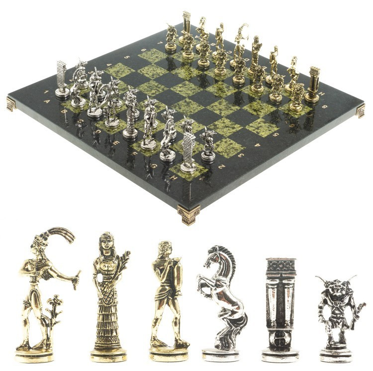Набор для игры в шахматы подарочный "Минотавр" доска 36х36 см каменная из змеевика фигуры металлические - фото 8 - id-p95985307