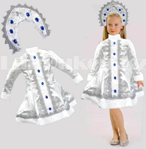 Костюм детский карнавальный Снегурочка с кокошником с кристалами серебристый - фото 2 - id-p95991563