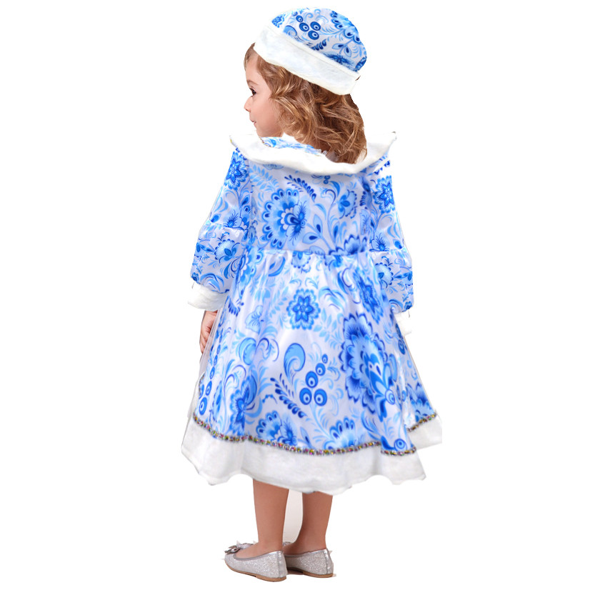 Костюм детский карнавальный Снегурочка с шапочкой и муфтой с узором в стиле гжель - фото 4 - id-p95994546