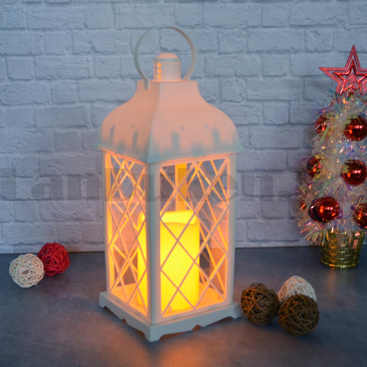 Светодиодный фонарь светильник на батарейках с эффектом горящей свечи с стеклом в ромбик белый