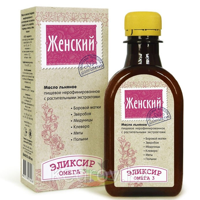Элексир "Женский"- масло льняное с экстрактом боровой матки, зверобоя, медуницы, клевера, мяты, полыни