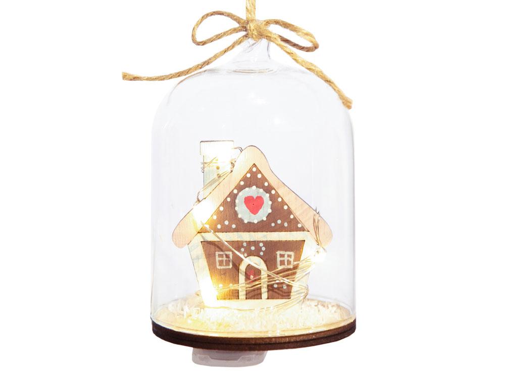 Новогоднее украшение Домик в колбе из древесины тополя и стекла, со светодиодной подсветкой, в комплекте с - фото 2 - id-p96051761