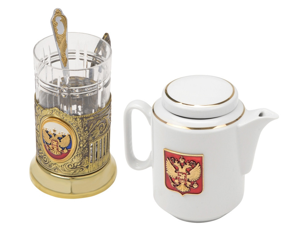 Чайный набор с подстаканником и фарфоровым чайником ЭГОИСТ-Л, золотистый/белый - фото 2 - id-p96040270