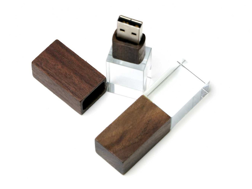 USB-флешка на 64 ГБ прямоугольной формы, под гравировку 3D логотипа, материал стекло, с деревянным колпачком - фото 3 - id-p96048672