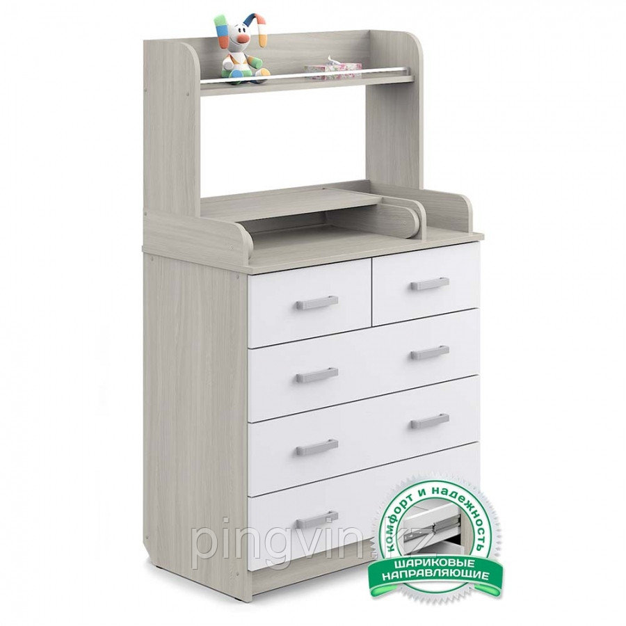 АТОН Комод раскладной СИРИУС-2 с полкой 805 ЛДСП Шариковые направляющ.Ясень шимо св/бел 5ящ, фото 1