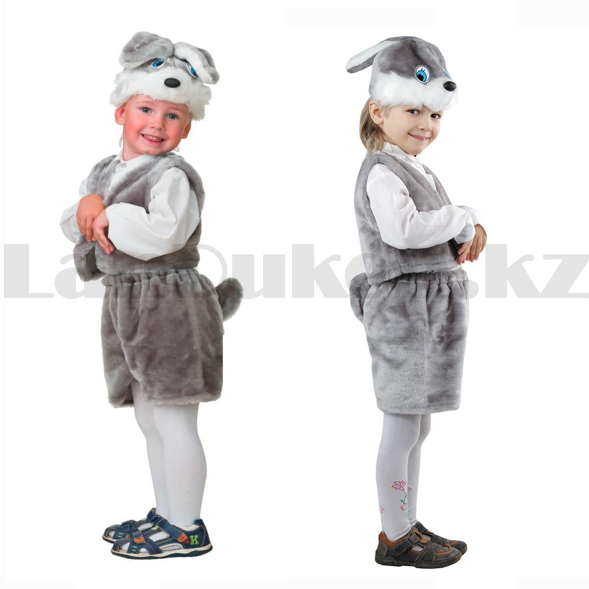 Костюм детский карнавальный Зайчик жилетка шорты с хвостом и шапка серый, фото 1