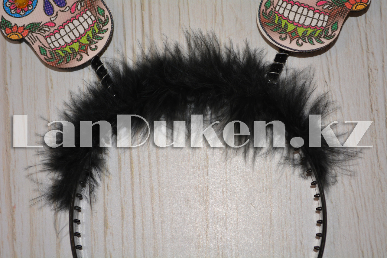 Ободок черный с пухом ушки скелетные цветные - фото 3 - id-p96190084