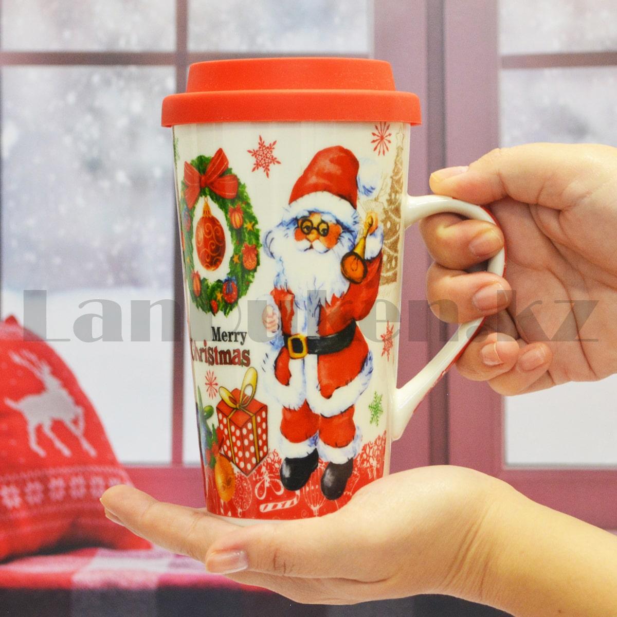 Кружка керамическая с силиконовой крышкой для кофе с новогодним принтом Merry Christmas
